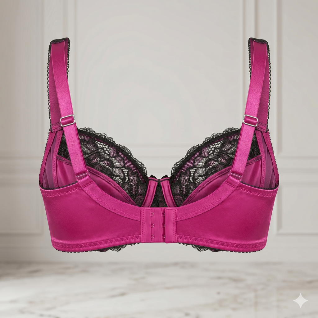 SOUTIEN-GORGE EMBOÎTANT EN SATIN FUCHSIA ET DENTELLE NOIRE